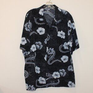 men's VTG Authentic Shaolin Medium button front shirt dragon hibiscus black gray